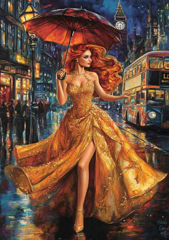 Woman with long red hair in the rain