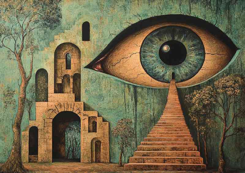 A surreal painting of an eye in the shape of ancient stairway