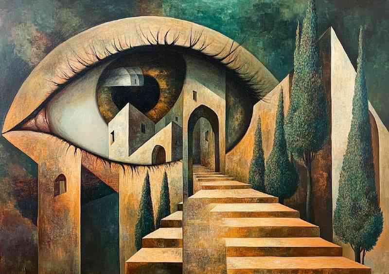 A surreal painting of an eye in the shape of steps