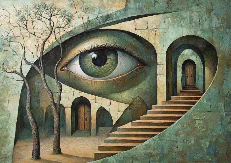 A surreal painting of an eye with trees
