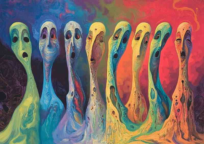 A surreal painting of several elongated stylized figures