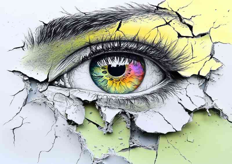 Eye with colorful accents created cracked paint