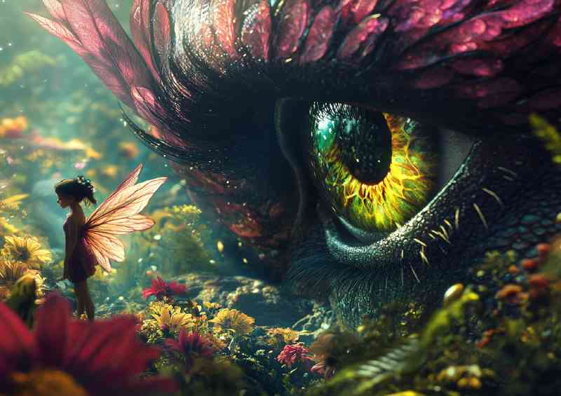 Large eye is watching over the girl a small fairy
