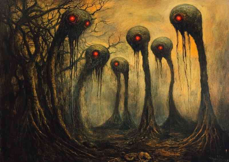 Multiple red eyed skinned aliens with long tentacles dark matter