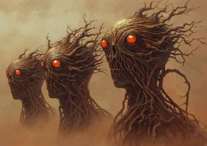 Multiple red eyed skinned aliens with long tentacles in the wind