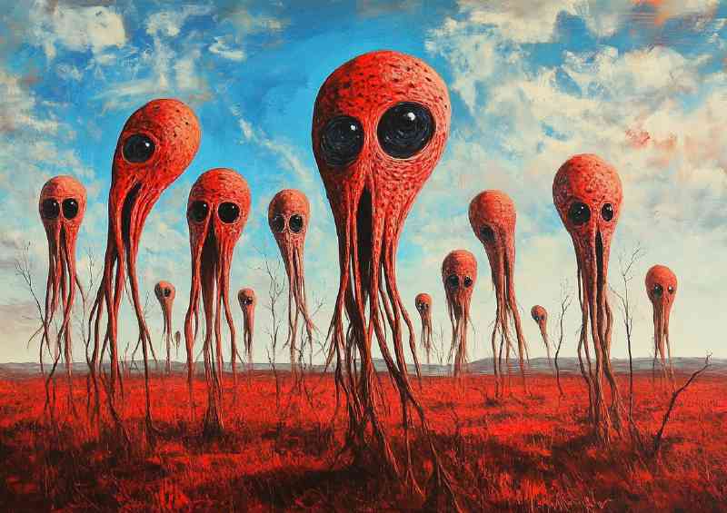 Oil painting of multiple surreal red alien heads