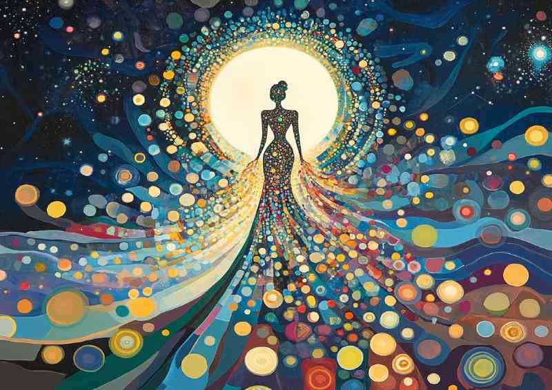 Standing woman made of many colorful circles