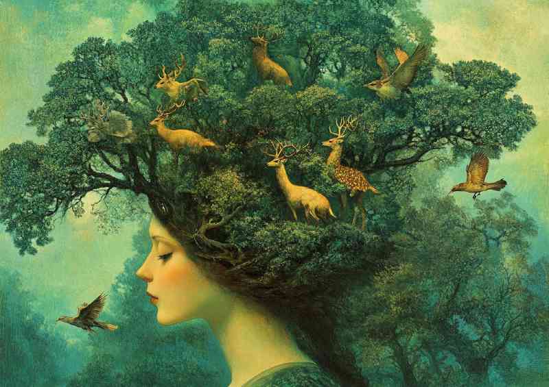 Surreal forest scene with trees and wild animals