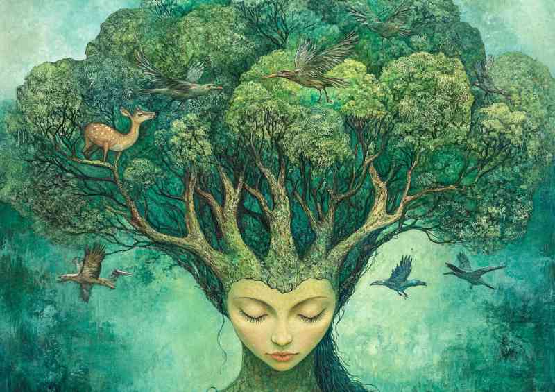 Surreal forest scene with trees animals and birds flying