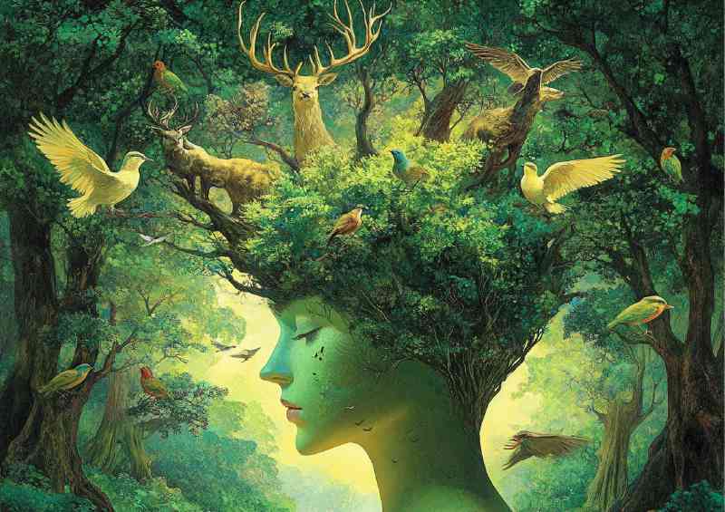 Surreal forest scene with trees shaped like animals
