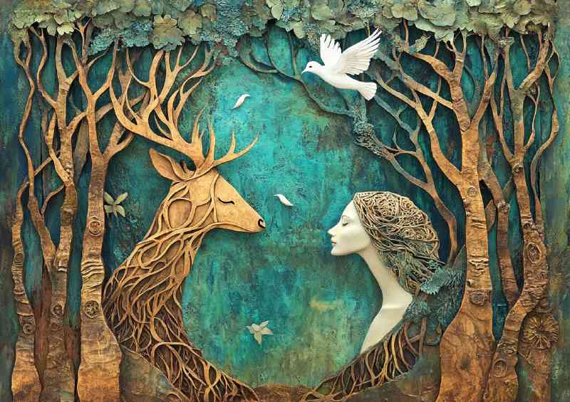 Surreal forest scene with trees shaped like deer