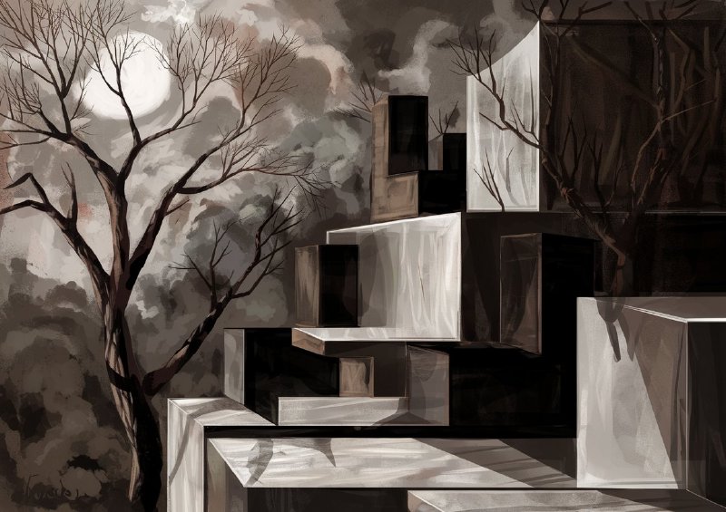 Surreal landscape dominated by abstract geometric