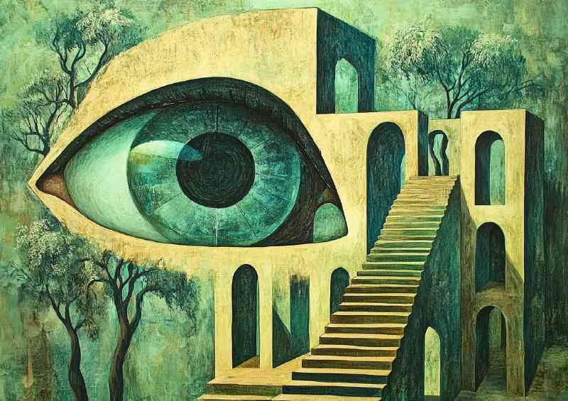 Surreal painting of an eye in the shape of ancient