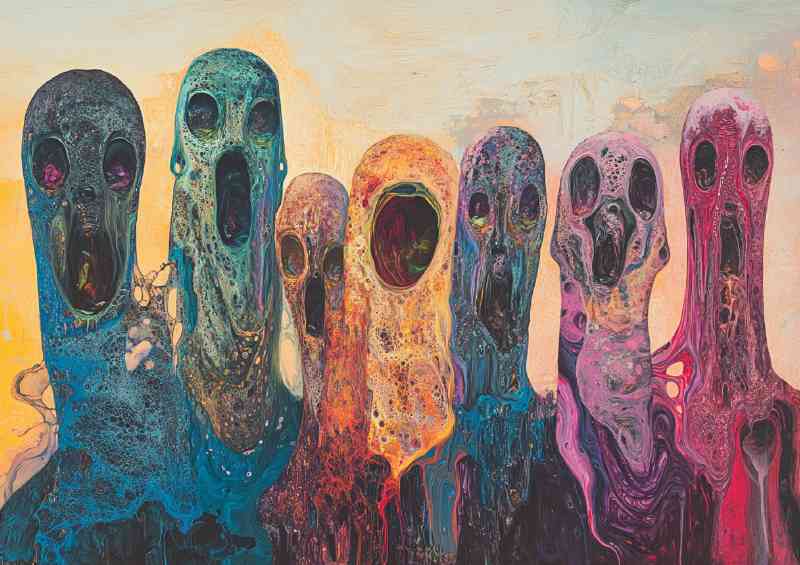 Surreal painting of several elongated stylized figures