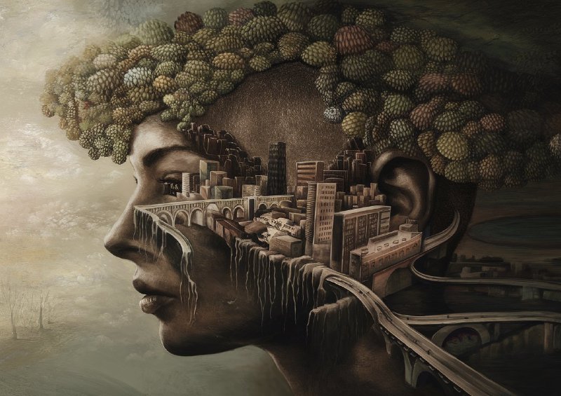 Surreal portrait of a woman with a cityscape