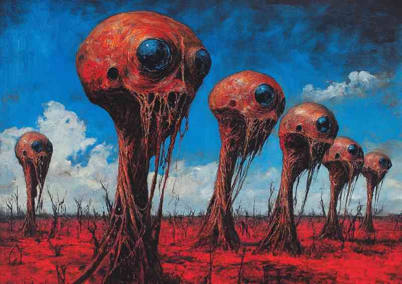 Surreal red alien heads