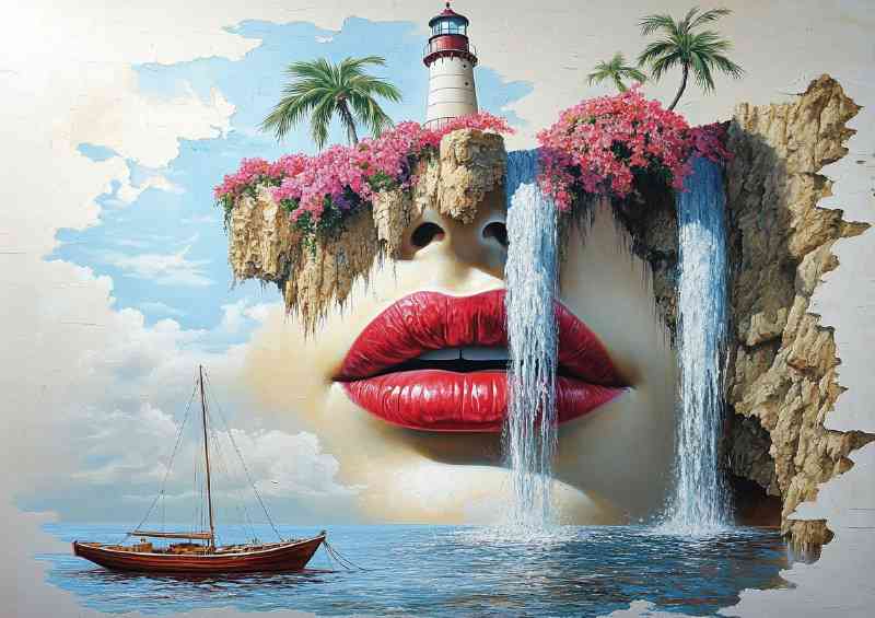 Surrealistic painting of a beautiful womans face sea