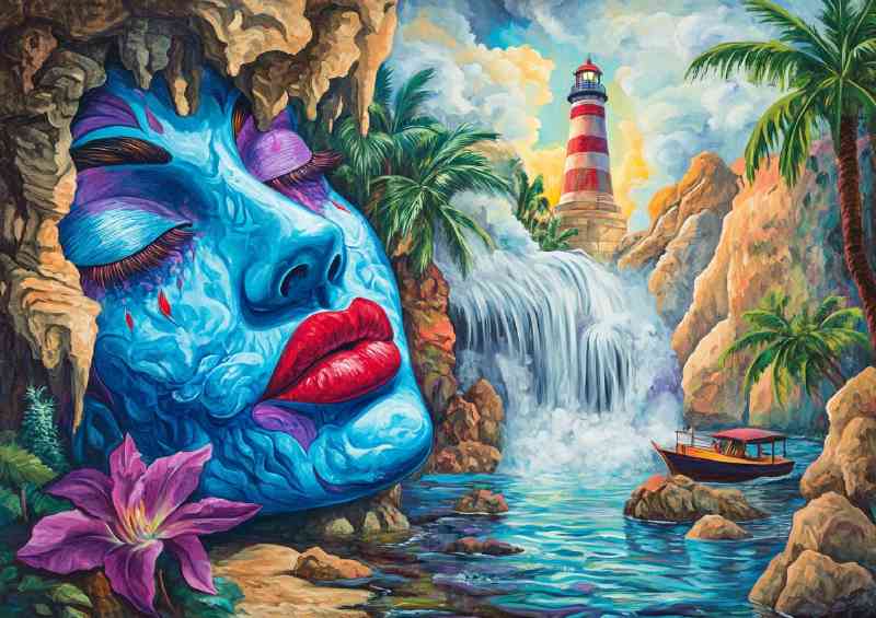 Surrealistic painting of a womans face with blue waterfall