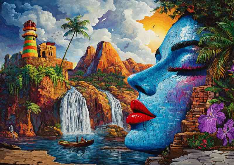 Surrealistic painting of a womans face with blue skies
