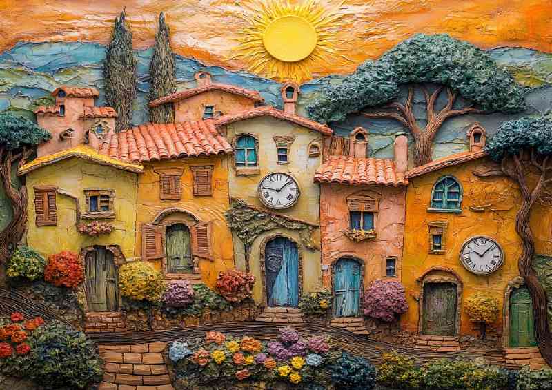 Tuscan village houses with clocks on the walls sun