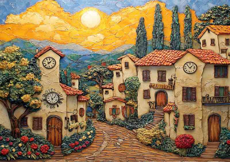 Tuscan village houses with clocks on the walls sun in abstract style