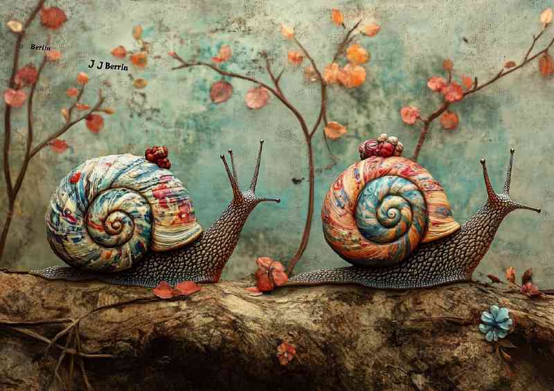 Two snails with colorful shells in the style abstract surrealisum