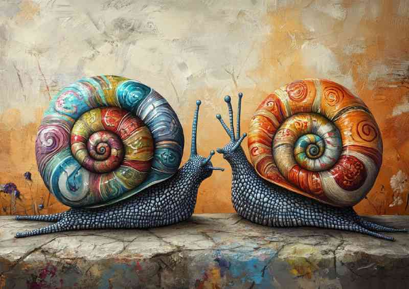 Two snails with colorful shells in the style of surreal