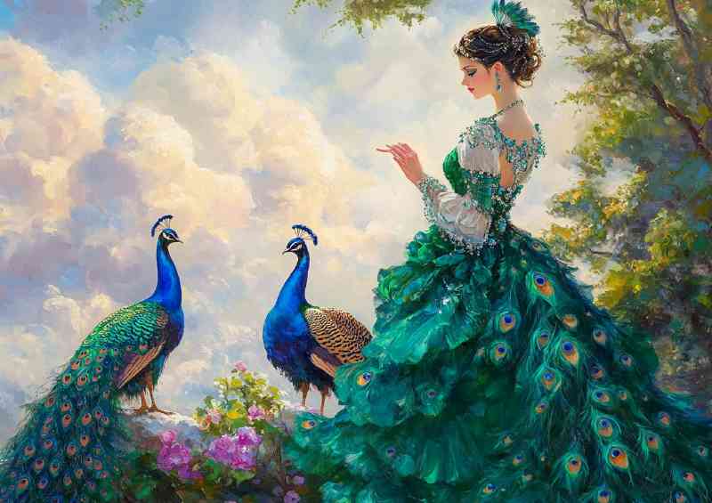 Woman in an emerald dress with peacocks