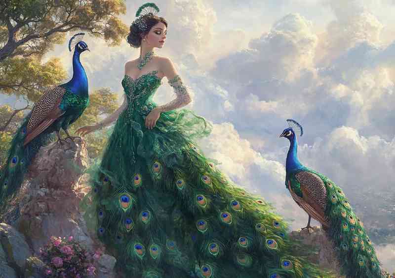 Woman in an emerald dress with two peacock