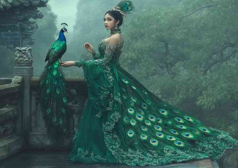 Woman in an emerald green dress with peacock