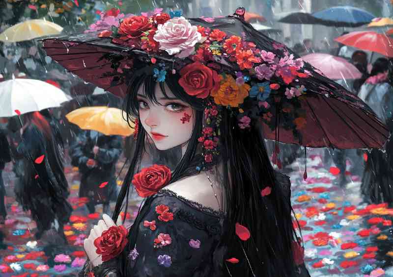 Woman with long black hair and flowers