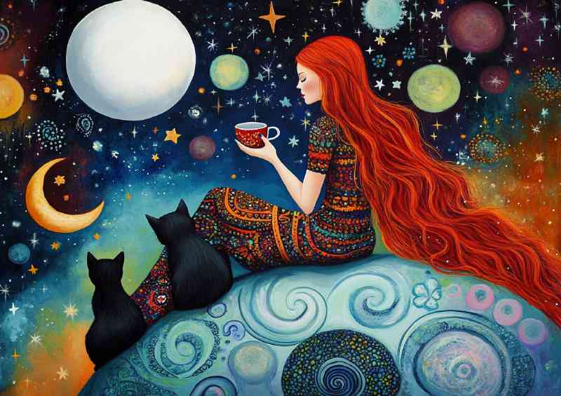 Woman with long red hair sitting on the hil