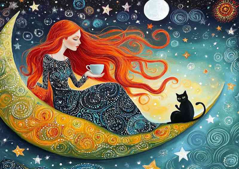 Woman with long red hair sitting on the moon with stars