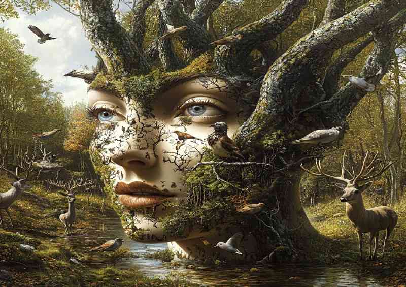 Womans face composed of trees birds and deer in a forest series