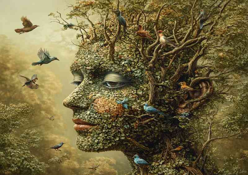 Womans face composed of trees birds wildlife forest series