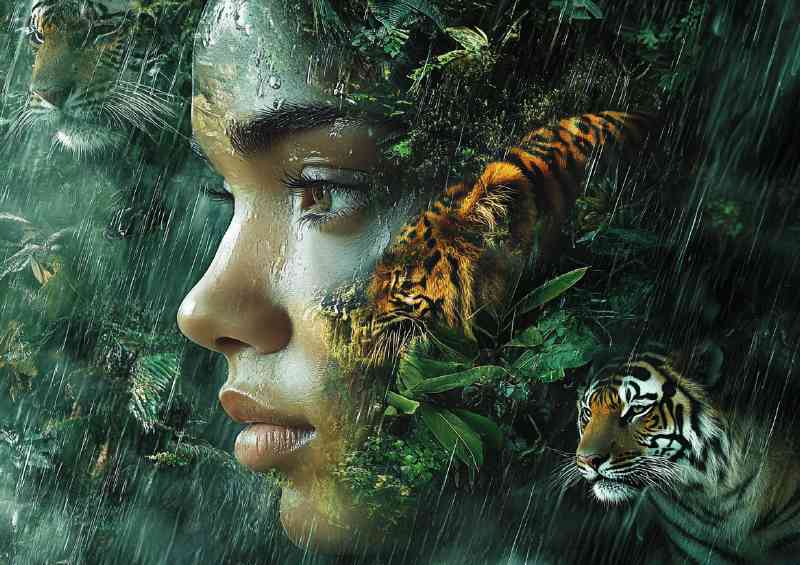 Womans face is adorned with tigers