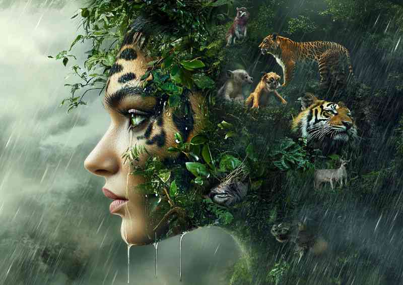 Womans face made of jungle foliage with animals transforming