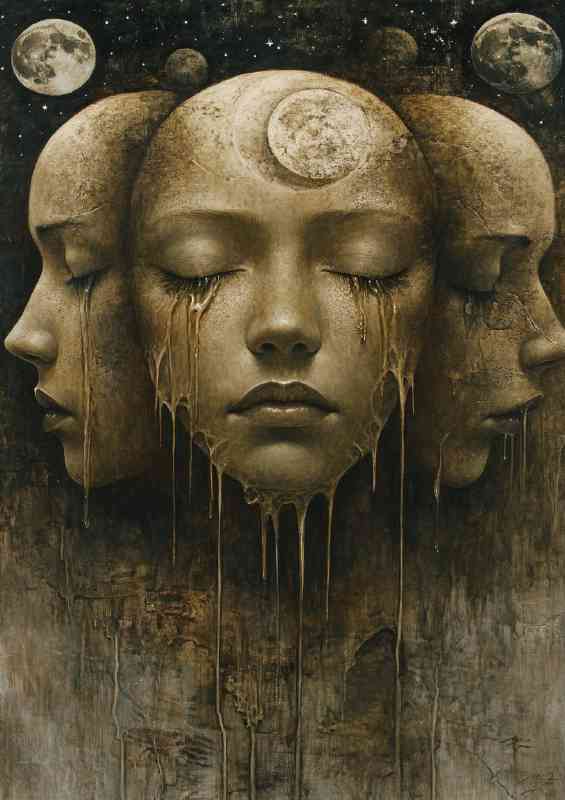 A surreal painting of multiple faces with closed eyes