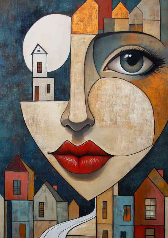Abstract cubist painting of face with houses and moon
