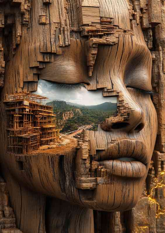 African womans face is calved from wood