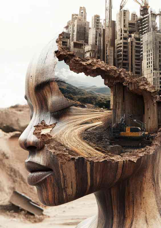 African womans face is made of wood with her eyes closed