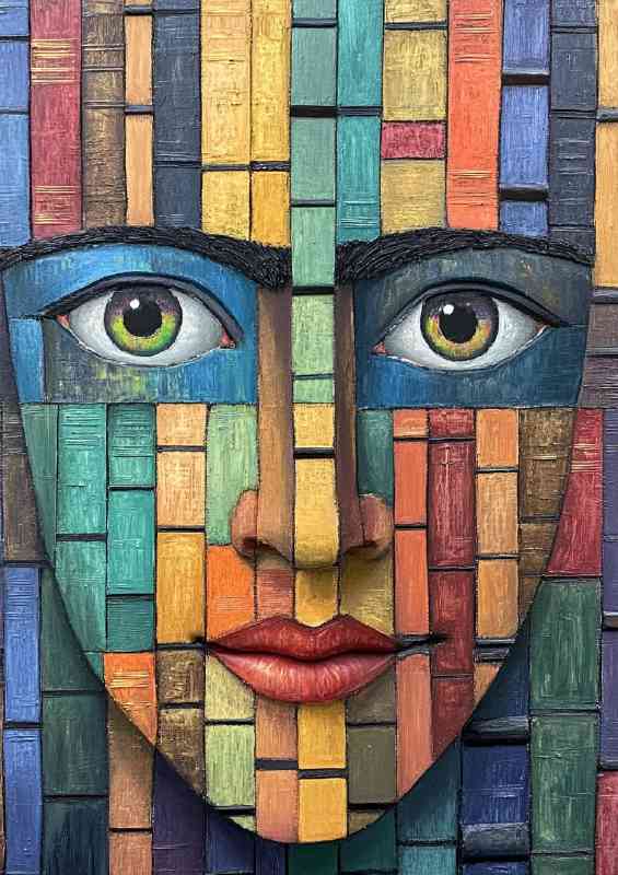 Face made of books and ladders with the eyes open