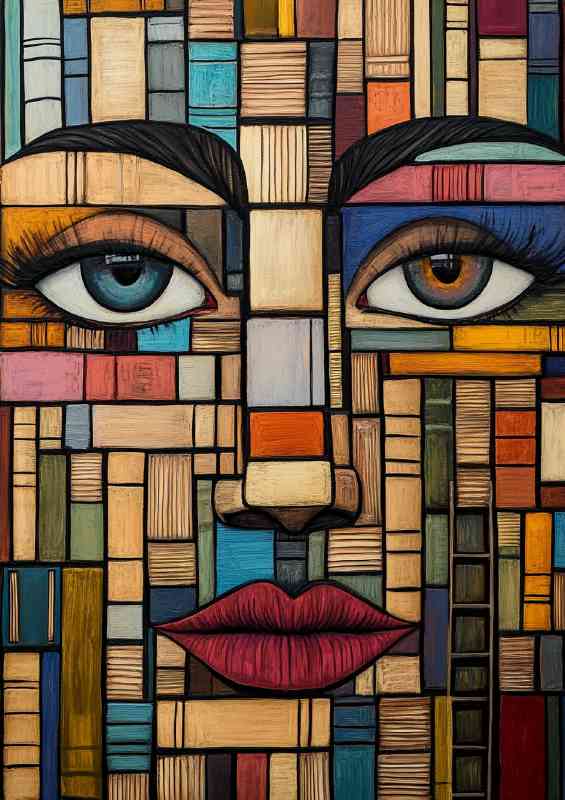 Face made of books and ladders with the eyes open red lips