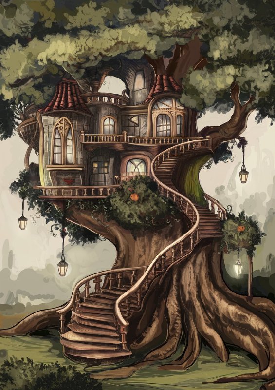 Fantastical treehouse nestled within the branches of the oak tree