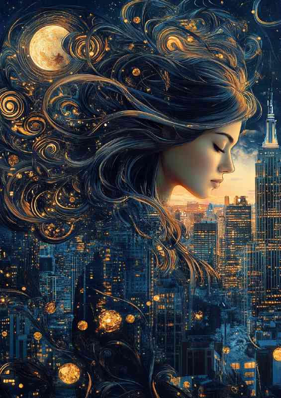 Girl with flowing hair a cityscape