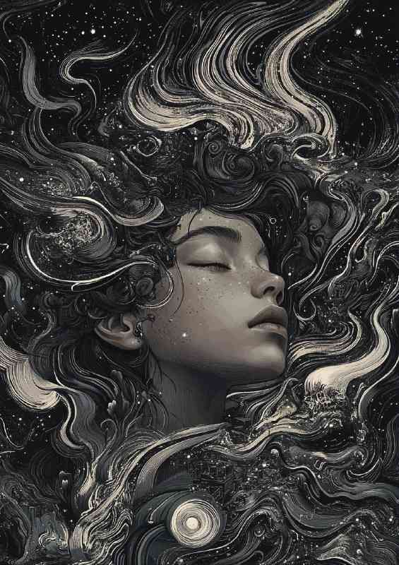 Girl with hair like the universe her face