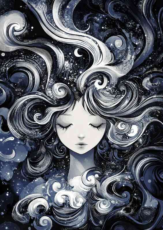 Girl with hair like the universe her face illuminated