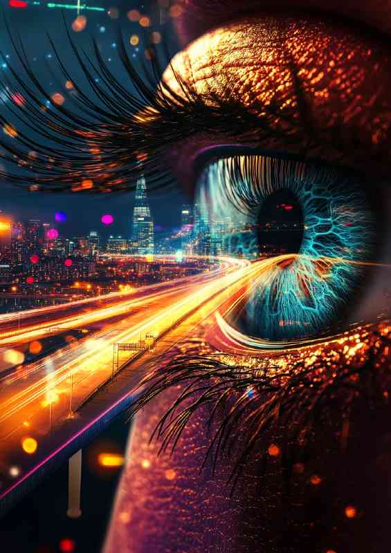Huge eye with long eyelashes digital lines of light