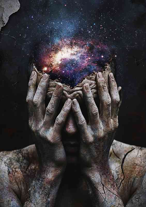 Man with his eyes closed hands covering his face the universe
