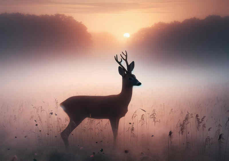 Moring mist with a deer standing tall